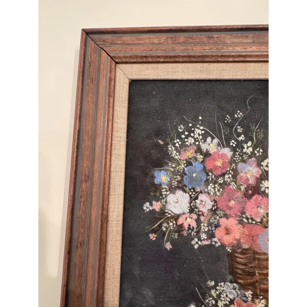 Vintage Still Life Oil Painting Floral Basket Home Decor 16x20 Cottage Dainty